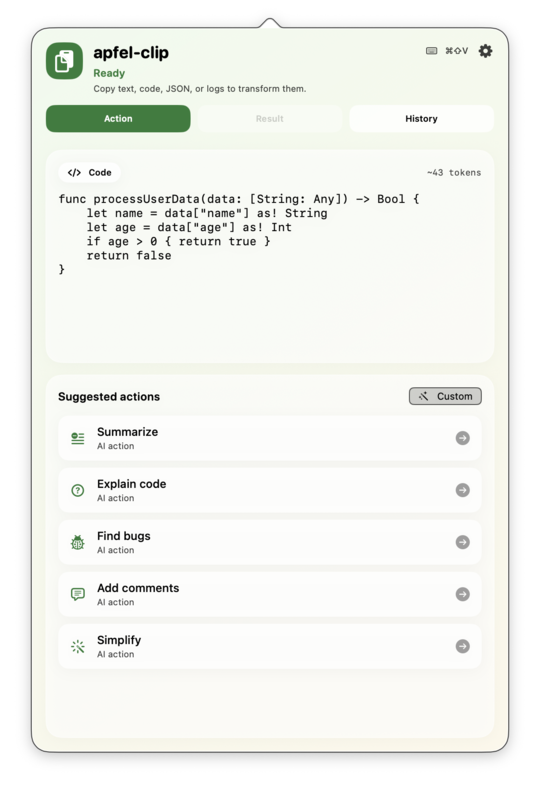 Code action suggestions in apfel-clip