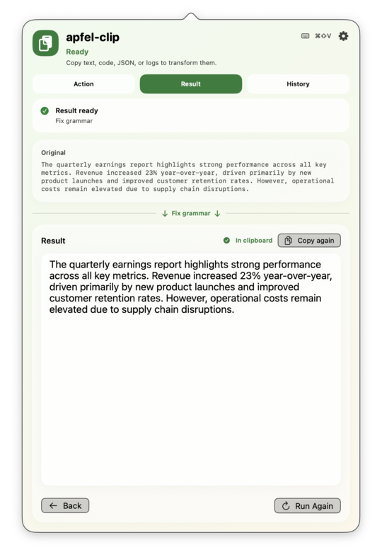 Result panel showing transformation output